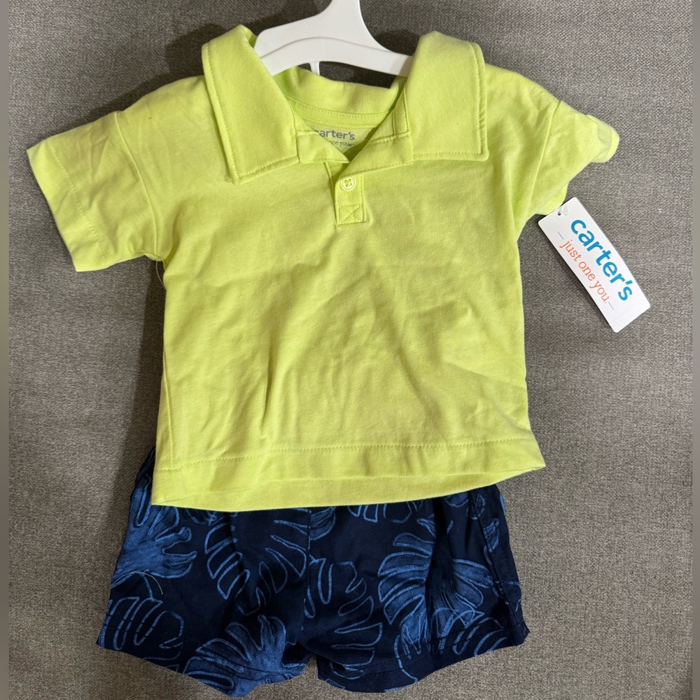 Carter's Neon Green Yellow Polo Shirt and Leaf Hawaiian Tropical Print Short 3mo